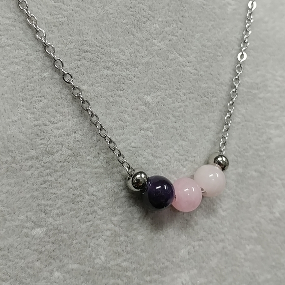 Rose Quartz Amethyst Three Bead Necklace Natural Gemstone Crystal StainlessSteel - Picture 3 of 14